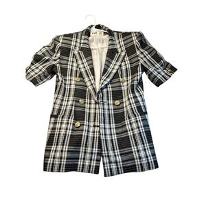 Rafael Plaid Blazer- Sz 8 Short‎ Sleeve Black White Gold Button Career Jacket